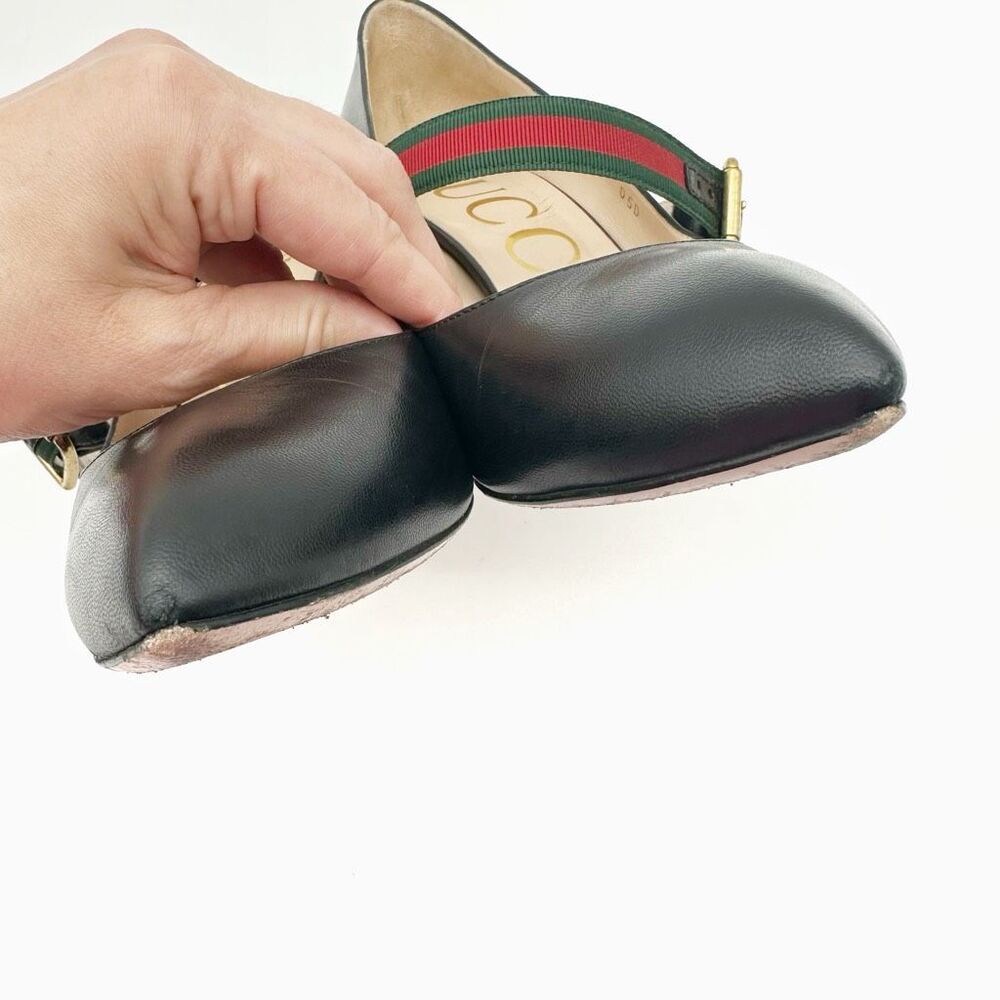 GUCCI Sylvie Black Leather Heels Size 37 US 7 Web Mary Jane Buckle Strap - Picture 8 of 13